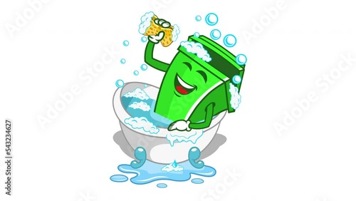 Animated trash bin can being washed in the bath