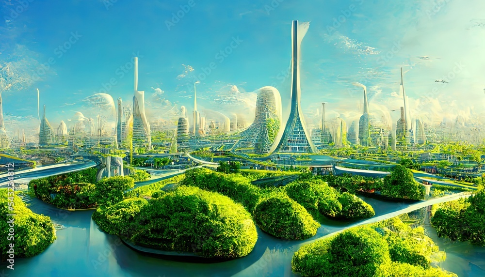 Utopian civilisation, utopic city, future of humanity,, architecture of tommorow, utopic world.