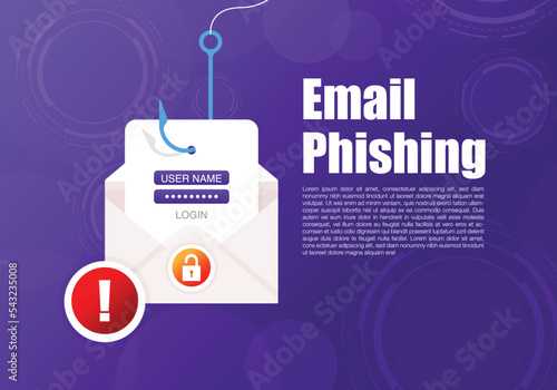 Login into account in email and hook. Internet phishing, hacked login and password, internet security and network, Anti virus, spyware, malware, Vector illustration.