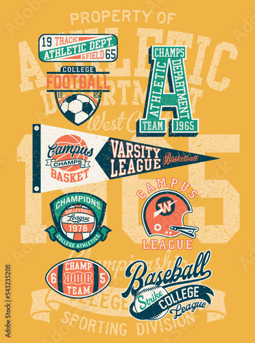 American sporting  kids college athletic department cute vintage vector print children wear with applique patches collection grunge effect in separate layers