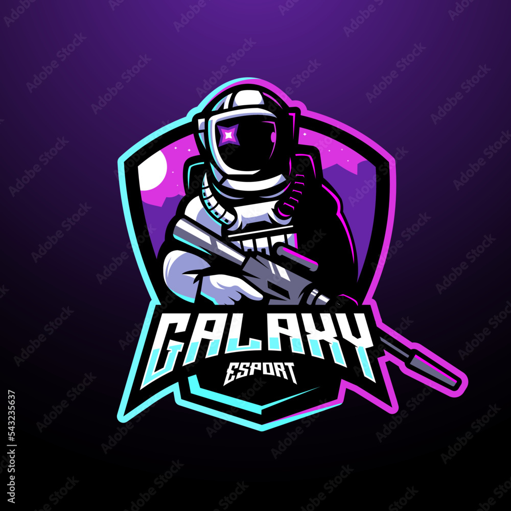 Astronaut galaxy holding gun esport mascot logo design illustration vector for team gaming
