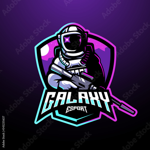 Astronaut galaxy holding gun esport mascot logo design illustration vector for team gaming