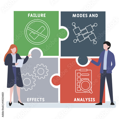 FMEA - Failure Modes and Effects Analysis acronym. business concept background.  vector illustration concept with keywords and icons. lettering illustration with icons for web banner, flyer, landing