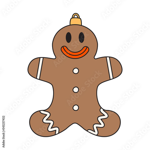 Christmas tree simple gingerbread toy in cartoon style. Retro xmas baked man decoration. Vintage character drawing isolated on white. Winter holiday vector clipart for decorating a card or poster
