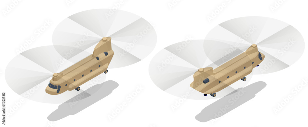 Isometric Chinook is a tandem-rotor helicopter developed. Chinook is a heavy-lift helicopter that is among the heaviest-lifting Western helicopters. - obrazy, fototapety, plakaty 