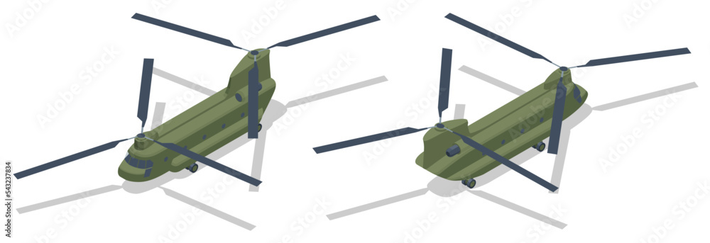 Isometric Chinook is a tandem-rotor helicopter developed. Chinook is a heavy-lift helicopter that is among the heaviest-lifting Western helicopters. - obrazy, fototapety, plakaty 