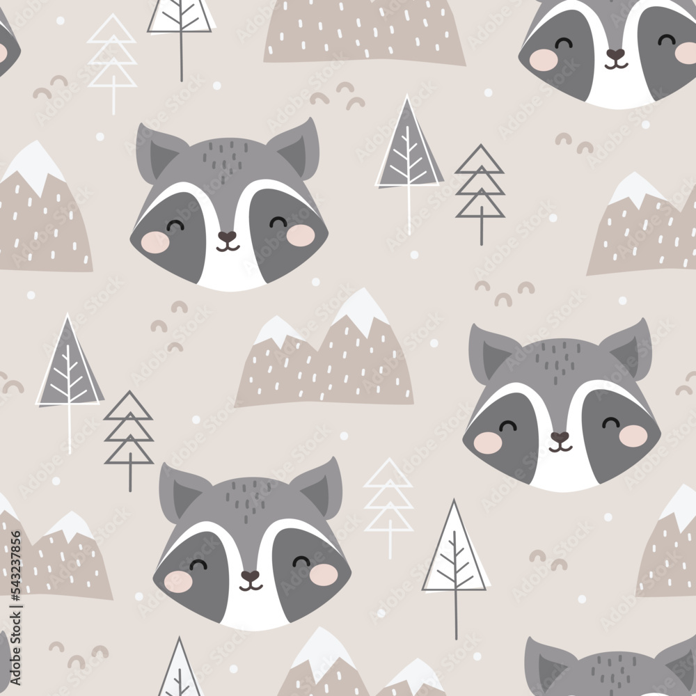 Seamless Vector Pattern with Cute Raccoon, forest elements and snowy ...