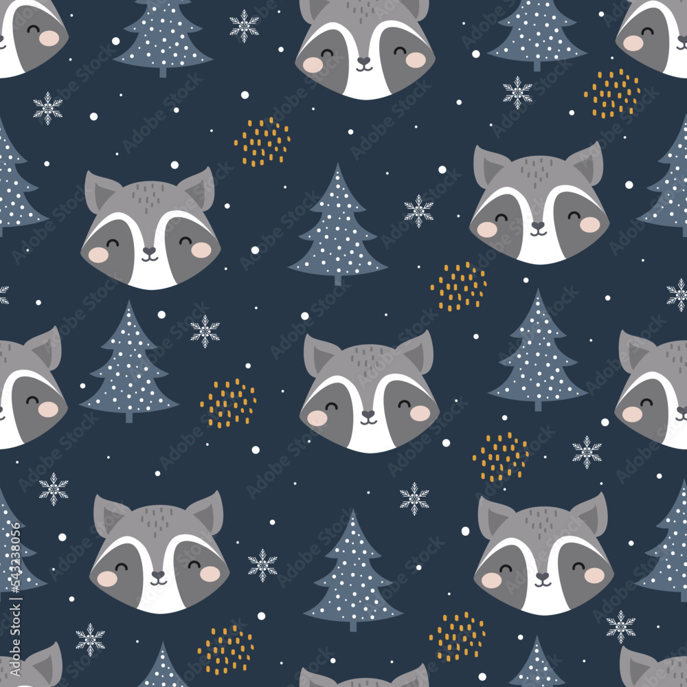 Seamless Vector Pattern with Cute Raccoon, forest elements and hand ...