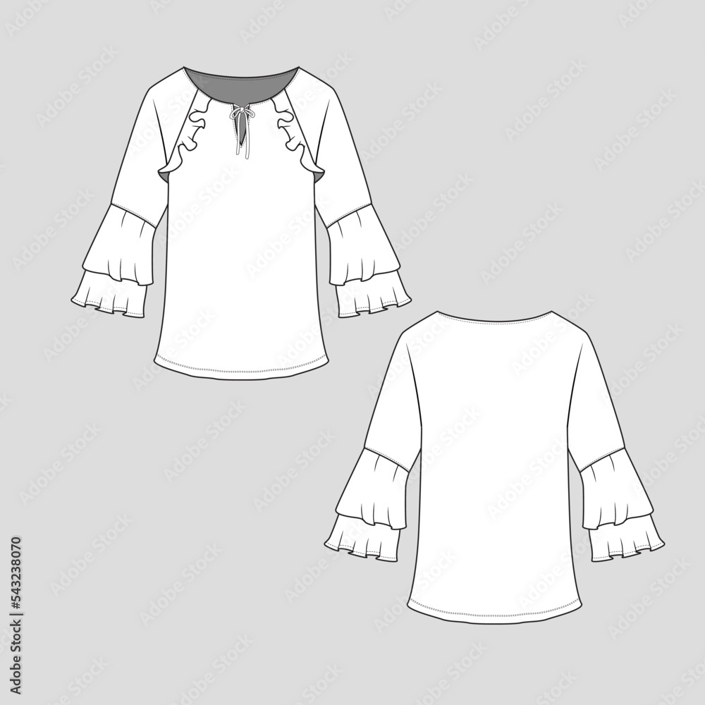 Premium Vector  Girls layered bell sleeve top with ruffles flat sketch