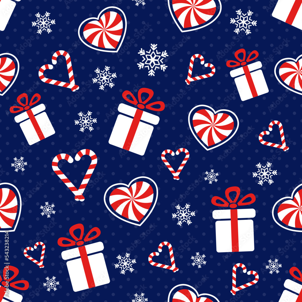 Obraz premium Christmas presents. Seamless vector illustration with gift boxes, candy canes and snowflakes. Winter backdrop