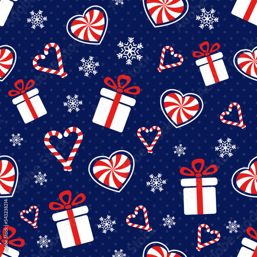Christmas presents. Seamless vector illustration with gift boxes, candy canes and snowflakes. Winter backdrop