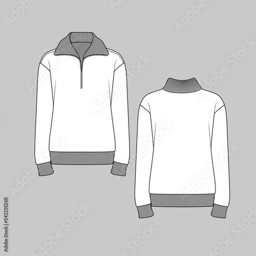 Ribbed High Neck Zipper Sweatshirt Drop shoulder Long Sleeve Cuff Rib Half open zip detail autumn winter Fashion flat sketch technical drawing template vector