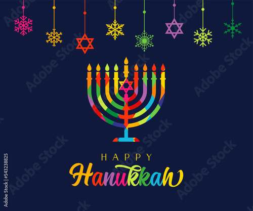 Happy Hanukkah, colored stained menorah, David stars and snow. Jewish holiday Hanukka, greeting card with traditional Chanukah colorful symbol candles. Vector illustration