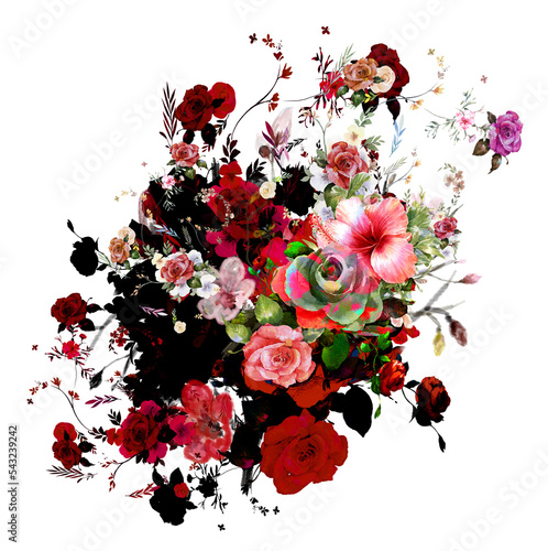 watercolor painting of leaves and flower, on white background