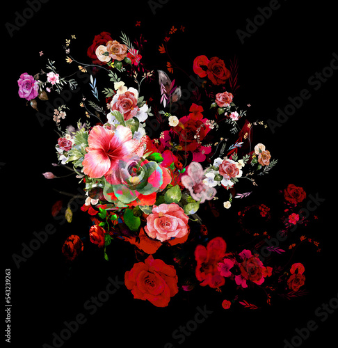 watercolor painting of leaves and flower, on dark background