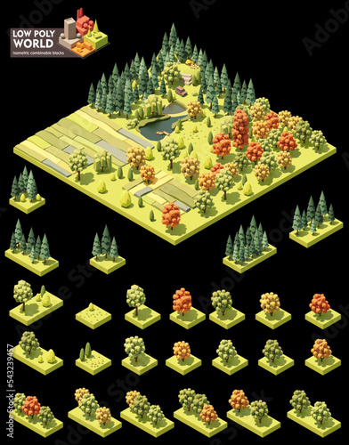 Vector isometric world map creation set. Combinable map elements. Forest, fields and ponds