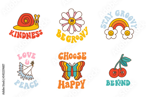 Retro set hand-drawing inscriptions with groovy elements: daisy flower, rainbow, cherry, bird dove, snail, butterfly. Colorful vector illustration in vintage style. Hippie style 60s, 70s