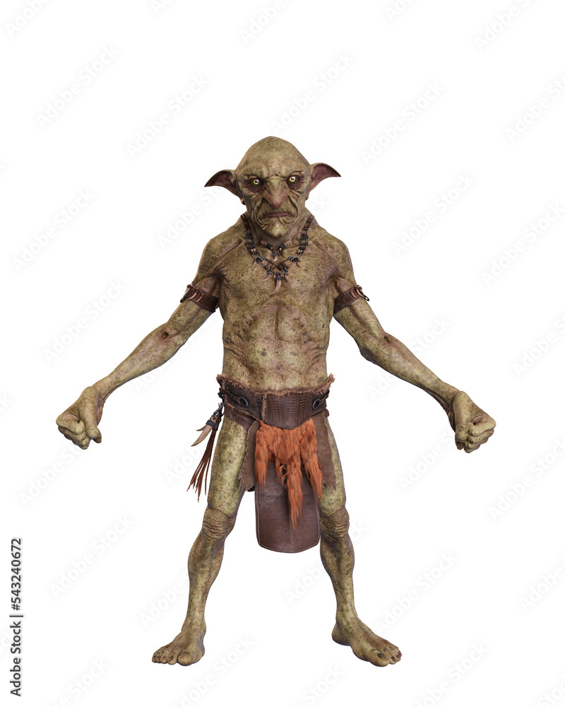 Hobgoblin standing with angry face and clenched fists. 3d illustration isolated on transparent background. Hobgoblin standing with angry face and clenched fists. 3d illustration isolated on transparent background.