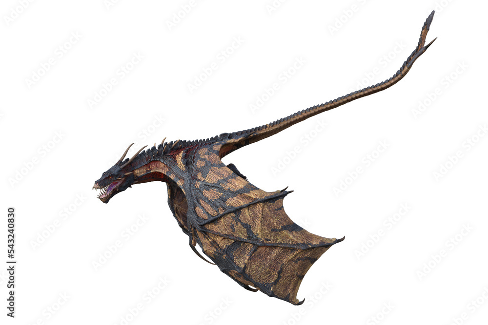 Wyvern or Dragon fantasy creature seen from the side flying down with mouth open. 3D illustration isolated on white.