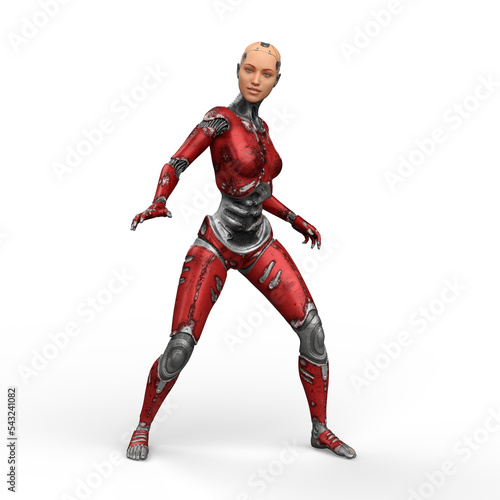 3D illustration of a futuristic female cyborg with red metallic body standing isolated on a transparent background.