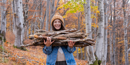 Fotografia, Obraz Young woman in the forest carryng firewood in the mountain for heating