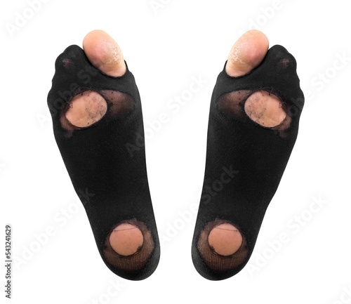 Worn sock closeup. Isolated on a white background