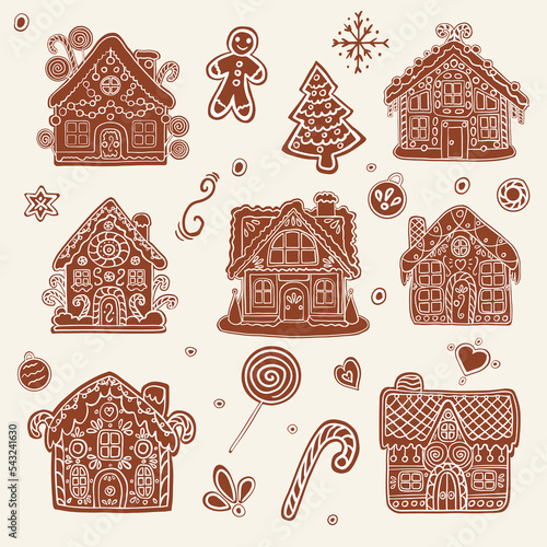 Set of gingerbread houses. Cute handmade honey gingerbreads with patterns.