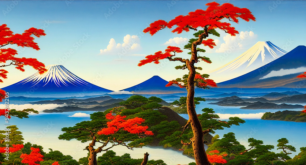 Landscape Fuji Mountain with oil painting. Japanese autumn season and mountain Fuji with morning fog. Beautiful scenery