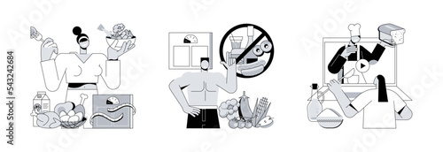 Food and nutrition tips abstract concept vector illustration set. Keep a healthy diet, weight loss, online cooking tutorial, meal plan, drink water, home chef, food blogger recipe abstract metaphor.