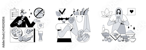 Nutrition plan abstract concept vector illustration set. Vegan diet, raw food organic meal, ayurvedic diet, healthy lifestyle, lose weight and feel better, vegetarian eating, greens abstract metaphor.