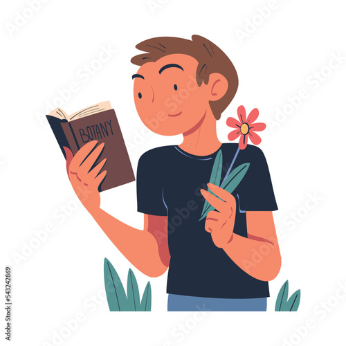 Man Character with Book Studying Nature Exploring Flower Vector Illustration