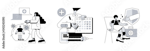 Public health program abstract concept vector illustration set. Immunization education and schedule, vaccination of teens, children vaccination calendar, infectious disease abstract metaphor.