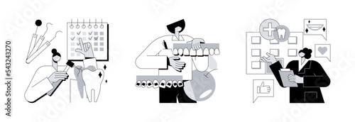 Teeth healthcare abstract concept vector illustration set. Private dentistry, orthodontic services, dental esthetic clinic, oral hygiene, smile treatment, emergency dentist abstract metaphor.