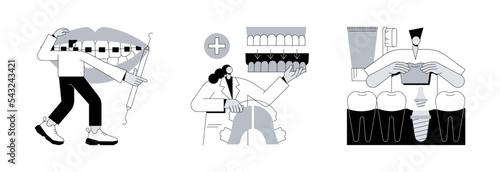 Orthodontic care procedure abstract concept vector illustration set. Dental braces and tooth plate, teeth dentures implants, kids brackets, teeth replacement, cosmetic dentistry abstract metaphor.