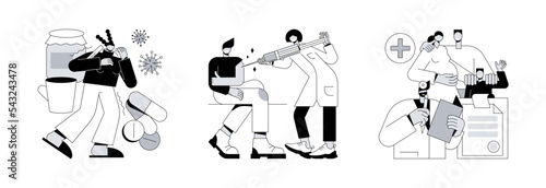 Influenza treatment abstract concept vector illustration set. Seasonal flu, vaccination of adults, family doctor, acute infection symptoms, immunization schedule, physician service abstract metaphor.