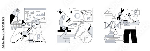 Laboratory research abstract concept vector illustration set. Biotechnology, genetic testing and gene therapy, biotech company, DNA ancestry test, human genome, immunotherapy abstract metaphor.