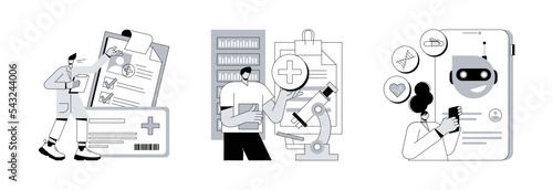 Technology in medicine abstract concept vector illustration set. Healthcare smart card, big data and chatbot in healthcare, electronic patient health records, clinic AI assistant abstract metaphor.