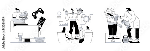 Break unhealthy habits abstract concept vector illustration set. Passive lifestyle, health and nutrition workshop, overweight kids training plan, child obesity, junk food, workout abstract metaphor.
