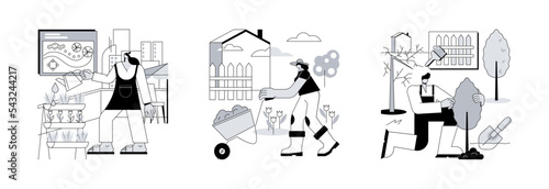 Gardening services abstract concept vector illustration set. Landscape design, garden maintenance and renovation, frond and backyard, shaping plants, hedge trimming, lawn mowing abstract metaphor.