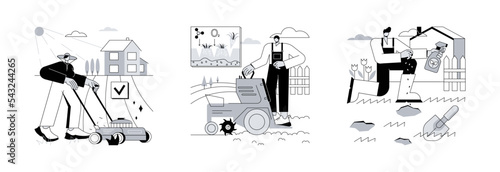 Turf maintenance abstract concept vector illustration set. Lawn mowing service, aeration and repair, gardening, grass fertilization, remove dandelion, thatch and moss, overseeding abstract metaphor.