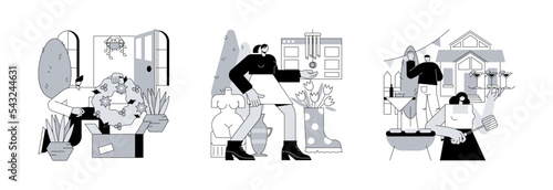 Garden accessories abstract concept vector illustration set. Seasonal planters, garden ornaments, party decoration, planting flowers, backyard lighting, dining space, front door abstract metaphor.