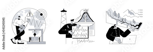 Earth science abstract concept vector illustration set. Seismology and volcanology, geomorphology university discipline, earthquake and tectonic movement, volcanic activity abstract metaphor.