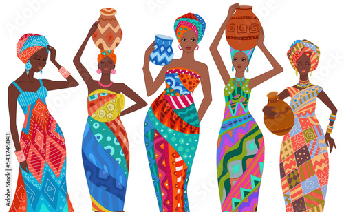 set of lovely Africa women in fashion clothes holding water jugs