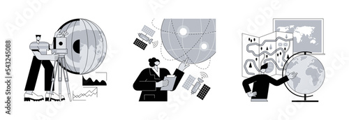 Planetary science abstract concept vector illustration set. Geophysics survey, earth observation and space engineering, world geography, university course, cartography abstract metaphor.