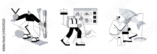 Mountain vacation abstract concept vector illustration set. Winter extreme sports, winter hiking, ice fishing, ski and snowboard equipment, travel and hobby, outdoor activity abstract metaphor.