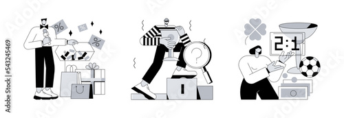 Bookmaker market abstract concept vector illustration set. Prize draw, cheating, sports betting mobile app, computer games, online e-sport gambling, winner strategy, competition abstract metaphor.