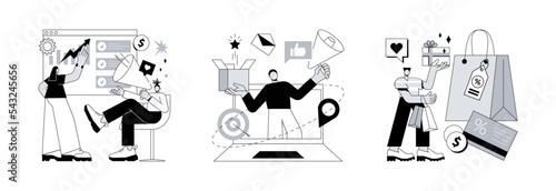 Brand communication abstract concept vector illustration set. PR strategy, product positioning, loyalty program, advertising campaign strategy, attract customer, online promotion abstract metaphor.