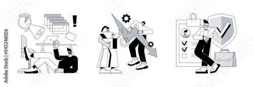 Business termination abstract concept vector illustration set. Procrastination, displaced workers, unemployment insurance, professional burnout, lost job position, claim form abstract metaphor.