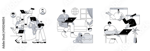 Distance working abstract concept vector illustration set. Outsourcing, work home office, online conference, freelance job, team digital meeting, IT business, internet platform abstract metaphor.