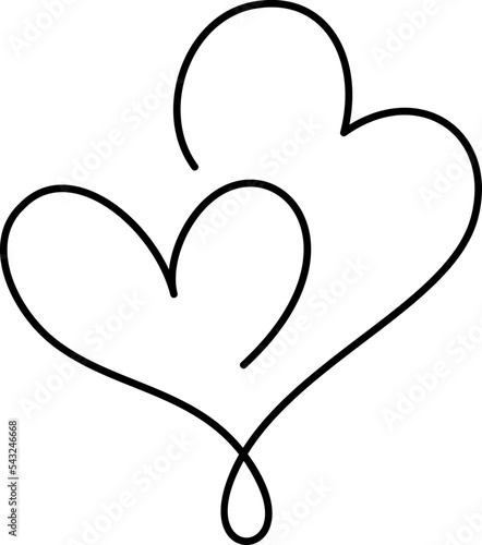 Two hand drawn christmas love monoline hearts one line. logo sign vector Romantic illustration symbol pairs and wedding. Calligraphy Design flat element of valentine day. For greeting card